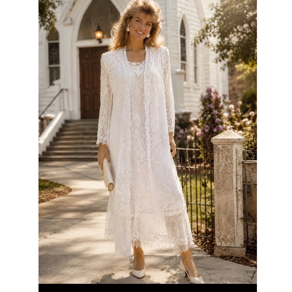 Vtg 80's HOSANNA White Floral Lace Maxi Dress and Duster Cardigan Set XL